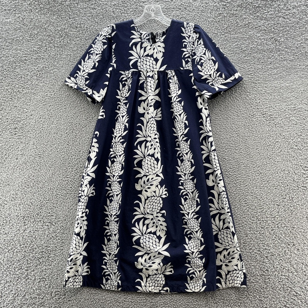VTG Royal Creations Dress Womens Small Navy Pineapple Hawaiian Midi Made Hawaii